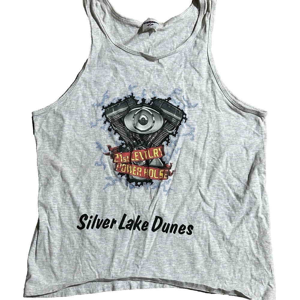 Vintage JERZEESS  Tank Top‎ Motorocycle Engine Silver Lake Dunes Power House Med